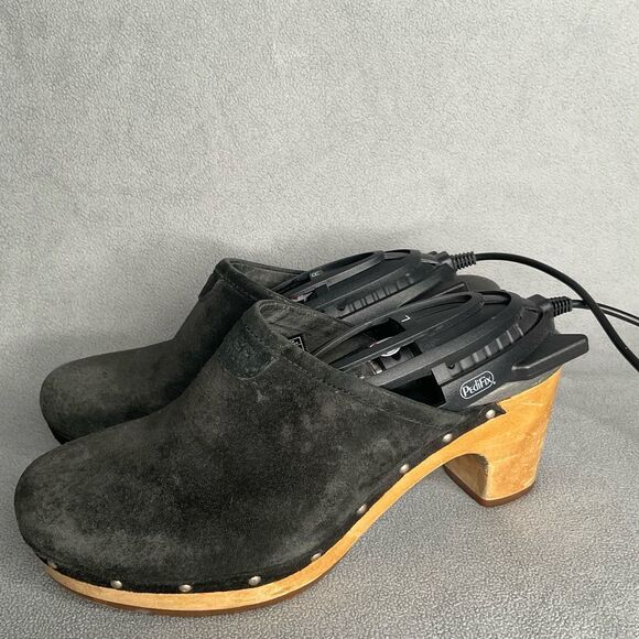 UGG Australia Womens Black Suede Leather Abbie Studded Wooden Clog Mules Size 7 - Picture 3 of 12